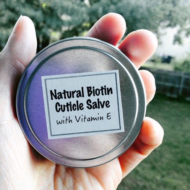 This homemade cuticle salve recipe contains biotin, also know as vitamin B7 or vitamin H, and is believed to help with healthy skin, hair and nails.