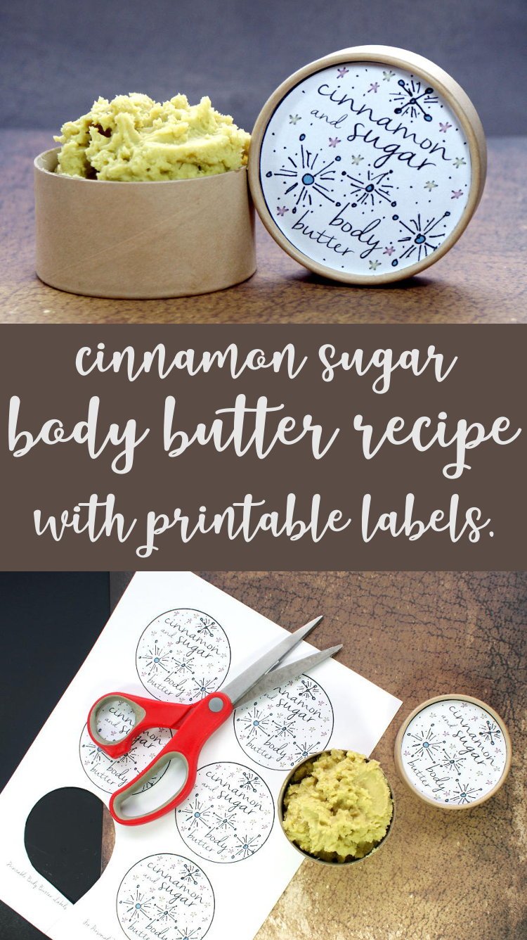 Homemade Christmas Gift Idea! Make this amazing cinnamon sugar scented body butter recipe for DIY gifts this holiday season! This cinnamon sugar homemade non-greasy body butter recipe combines vanilla, warm ginger, cinnamon and cardamom fragrance notes with a rich, moisturizing formula that melts into skin on contact and leaves skin feeling luxuriously soft and supple with a non-greasy feel once absorbed.
