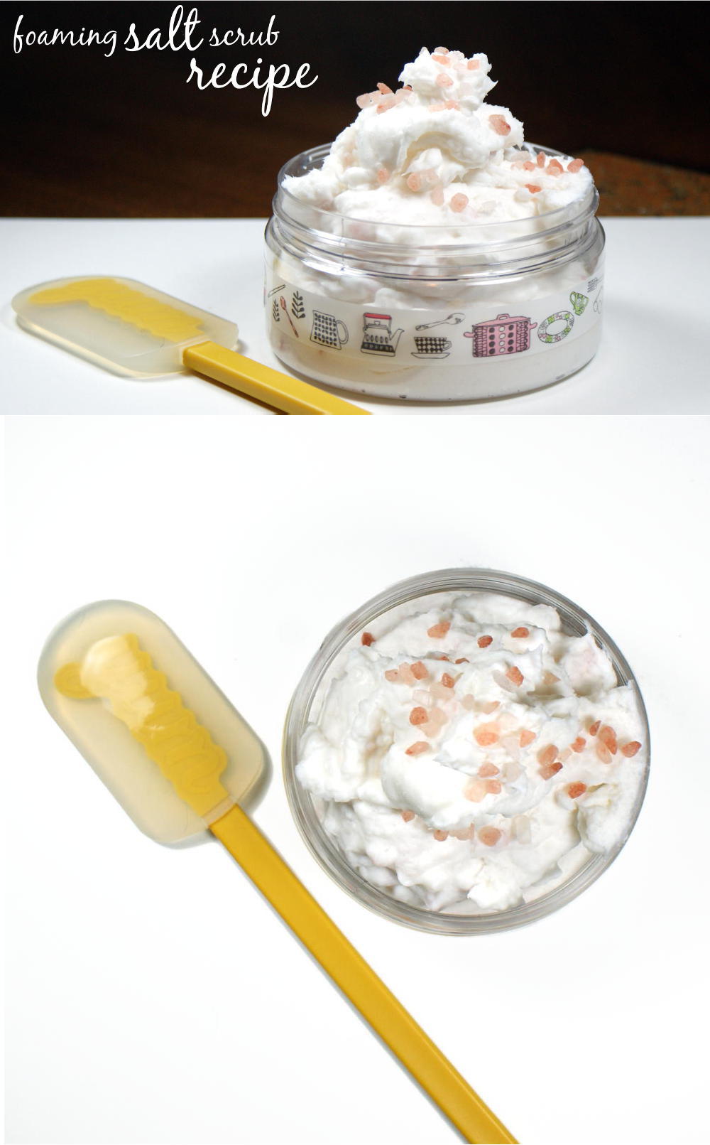 This foaming salt scrub recipe is super easy to make and can be customized with your favorite scent! Just melt, pour and mix ingredients for a foaming salt scrub that gently exfoliates as it lathers and cleanses like soap!