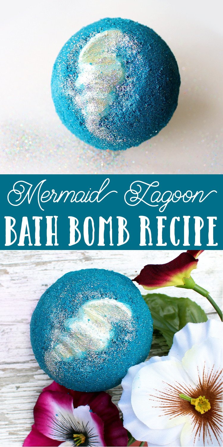 Mermaid Lagoon Bath Bomb Recipe! Learn how to DIY a mermaid lagoon bath bomb for a fun and colorful addition to your bath time ritual. This mermaid lagoon bath bomb recipe yields two large bath bombs with moisturizing cocoa butter shells.