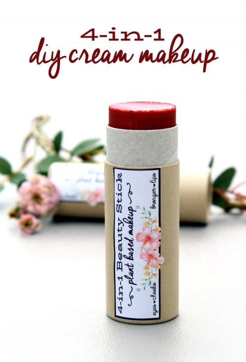 All over cream beauty stick recipe. Learn how to make an all over cream makeup stick with this plant based makeup formulation. Naturally scented with a rose fragrance, this four-in-one makeup stick can be used all over as a bronzer, eyeshadow, blush and lipstick. You'll love all the ways you can use this all over cream makeup stick for your natural beauty looks. This DIY makeup formulation is an easy way to create custom colors for all your makeup looks.