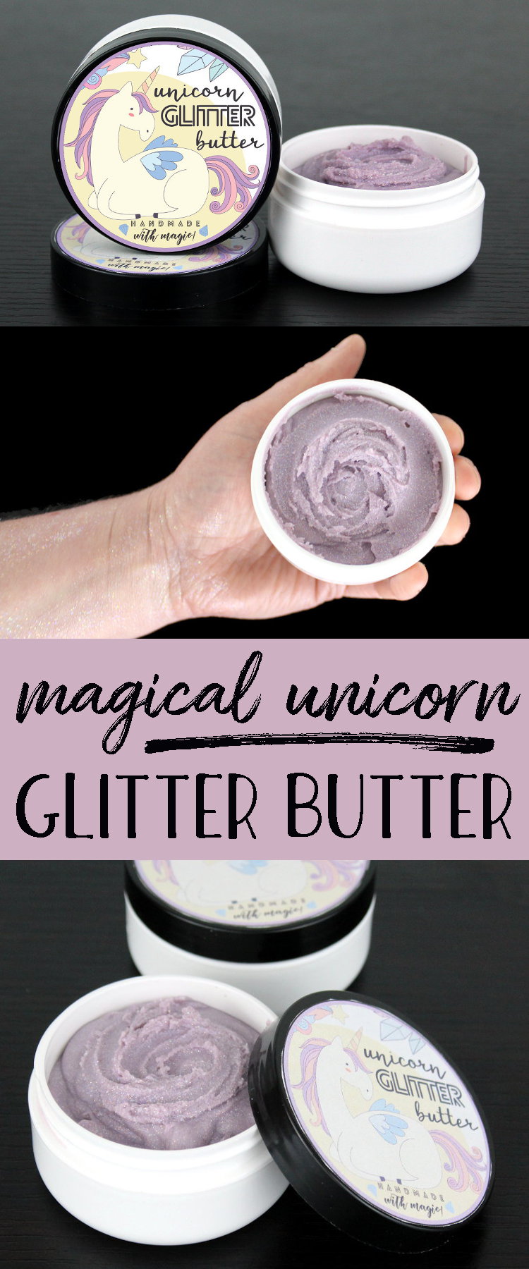 Unicorn Glitter Butter Recipe! This magical unicorn glitter butter recipe is perfect for parties and summer festivals! Scented with a sweet candy crush fragrance oil, this lavender colored unicorn glitter butter leaves a lovely layer of iridescent sparkly glitter on skin wherever it's applied!