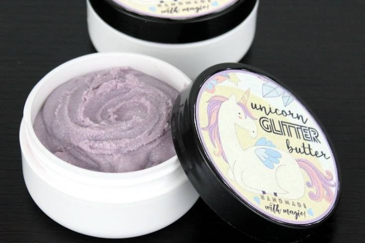 An easy DIY unicorn whipped body butter recipe made using shea butter,  coconut oil, mica powder, a…