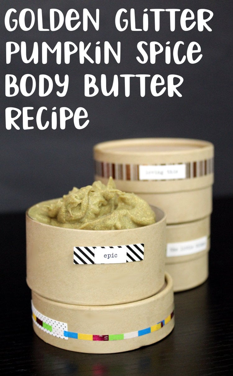 DIY Pumpkin Spice Body Butter! This party perfect, golden glitter pumpkin spice body butter recipe will have everyone raving about how amazing you smell! This homemade body butter is a must have for seasonal holiday parties. Not only does it smell just like everyone's favorite pumpkin pie, but it also moisturizes skin and makes it pop with glitzy eco-friendly glitter!