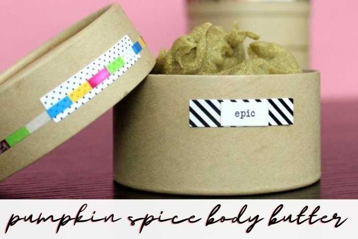 DIY Pumpkin Spice Body Butter! This party perfect, golden glitter pumpkin spice body butter recipe will have everyone raving about how amazing you smell! This homemade body butter is a must have for seasonal holiday parties. Not only does it smell just like everyone's favorite pumpkin pie, but it also moisturizes skin and makes it pop with glitzy eco-friendly glitter!