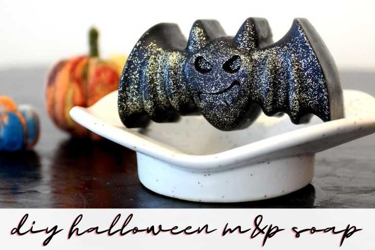 Make this glitter DIY Halloween bat soap for non-candy Halloween gifts using melt and pour soap and biodegradable eco-friendly glitter.