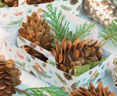 Marzipan Pine Cone Treats with Printable Gift Boxes via Country Hill Cottage for seasonal winter food gifts.