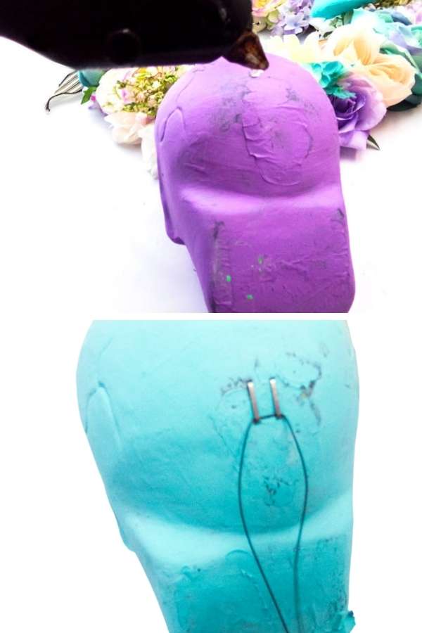 how to make a hanger for back of painted plastic dollar tree skulls for a halloween skull wreath