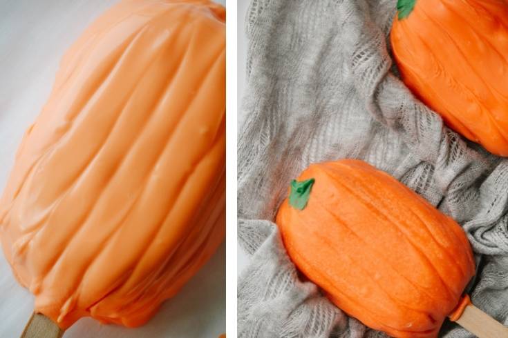 draw pumpkin ribs in melted candy and add leaves